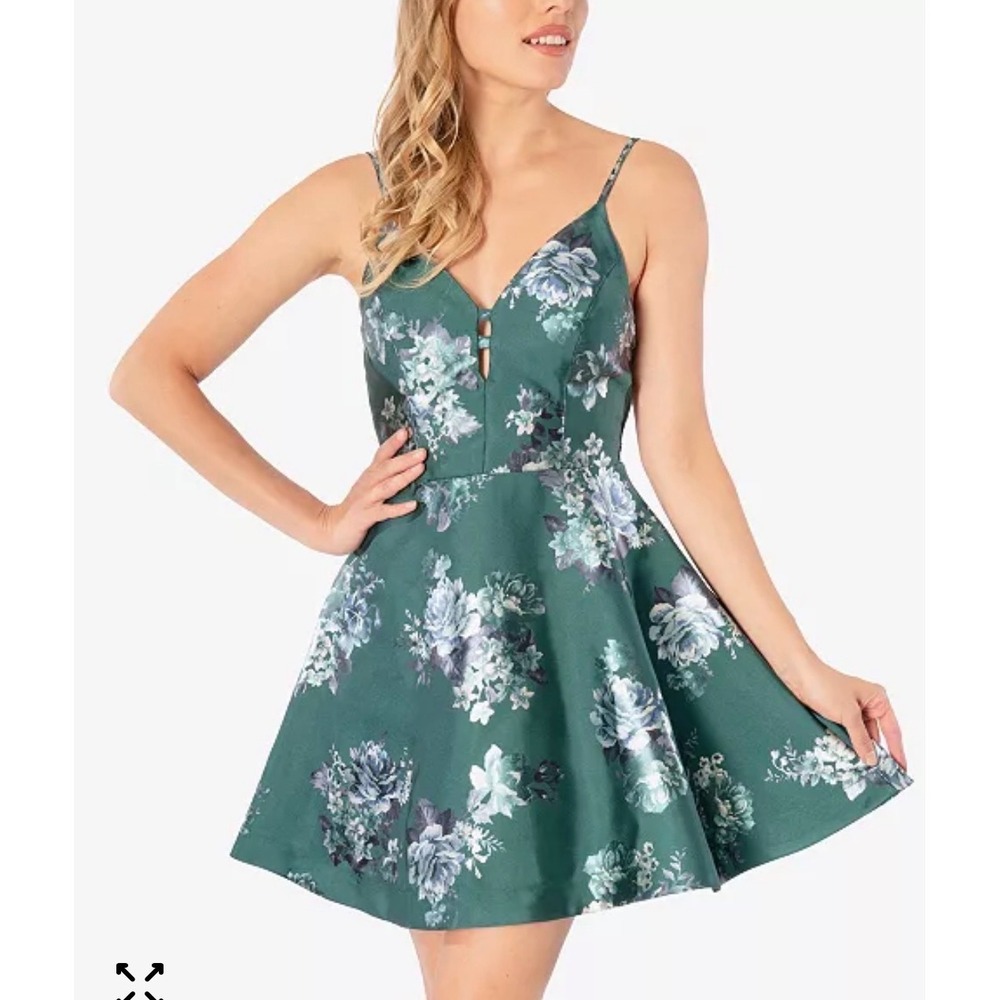 Hoco‎ Speechless Floral Brocade Fit Flare Dress Hunter Green V-Neck Mini Size 9